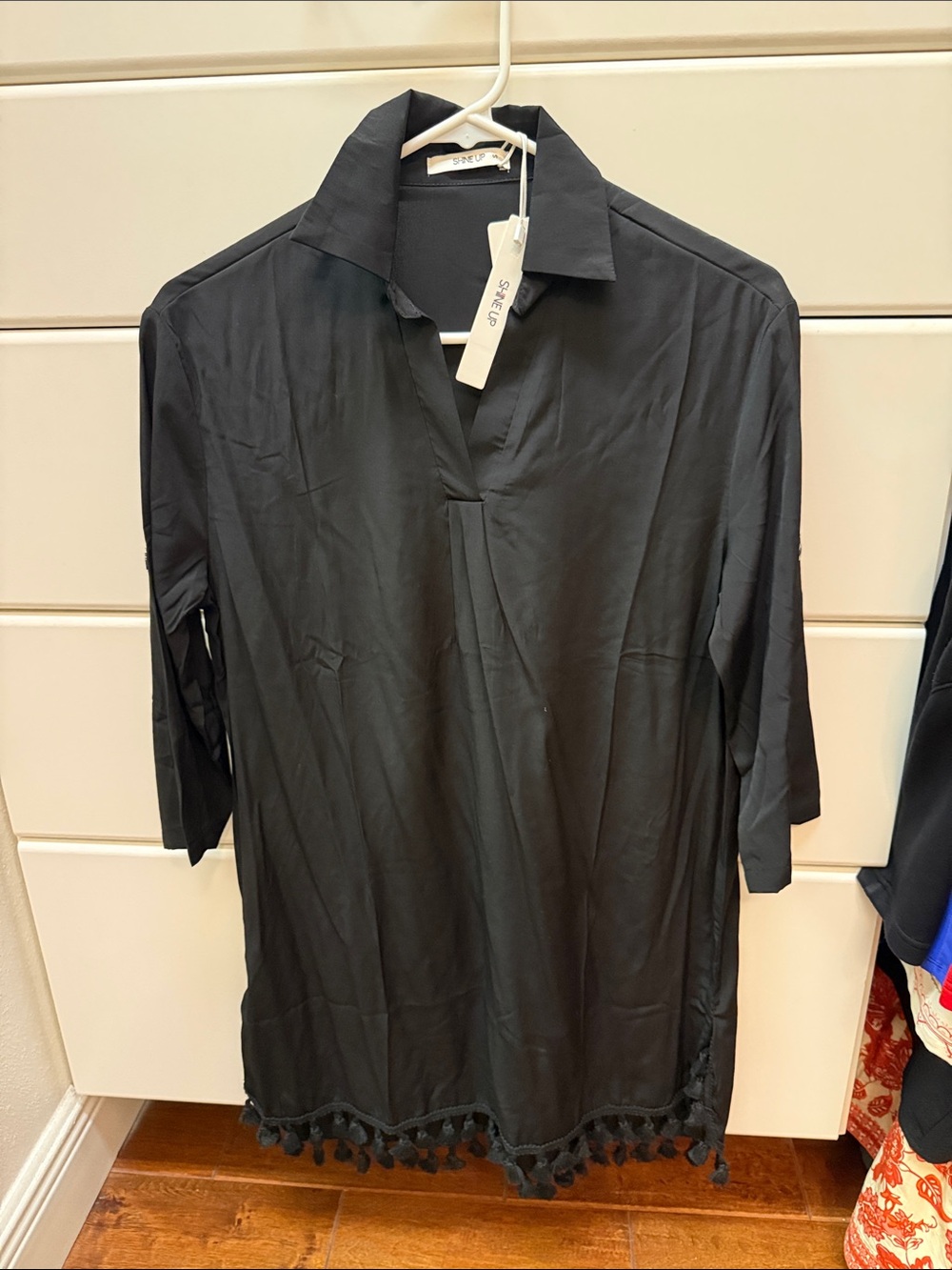 Black Women's Collar Tunic Shirt with Tassel Hem - BATHING SUIT COVER UP/TUNIC